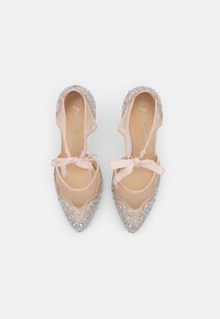 Ballerine rosa con punte appuntite, decorate con strass trasparenti, dotate di un pannello trasparente e lacci alle caviglie.