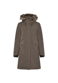 Langer taupefarbener Wintermantel mit Kapuze mit Fellbesatz, Frontreißverschluss und Druckknöpfen, zwei vorderen Klappentaschen und verlängerten Bündchen.