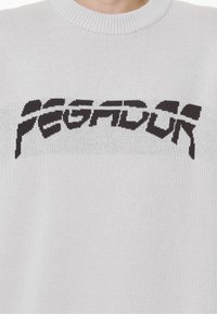Pulover tricotat gri deschis cu text stilizat negru "PESSADUR" pe piept, scris într-un font distorsionat.