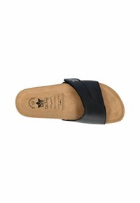 Black slide sandal with a curved strap and cork footbed. Features smooth leather-like material and textured surface.