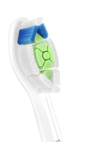 Testina di spazzolino elettrico con setole blu e verdi di diverse forme e lunghezze; base bianca; progettata per un'efficace pulizia migliorata.