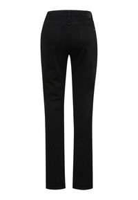 Jeans neri in denim a gamba dritta con una texture liscia, design a cinque tasche e vita a media altezza. Presentano un passante posteriore e hardware minimale.