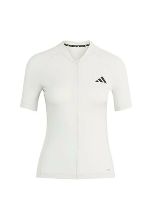 Maglia da ciclismo bianca a maniche corte con chiusura a zip, collo rotondo e logo nero sul petto. Tessuto liscio ed elastico per il massimo comfort.