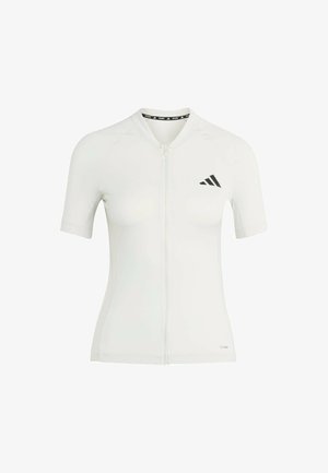 Maglia da ciclismo bianca a maniche corte con chiusura a zip, collo rotondo e logo nero sul petto. Tessuto liscio ed elastico per il massimo comfort.