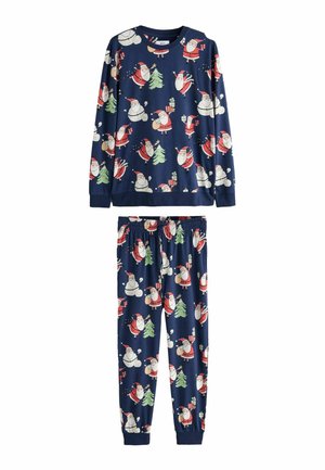 Marineblauer Pyjama mit langen Ärmeln und elastischen Bündchen, dekoriert mit Weihnachtsmann-, Schneemann- und Weihnachtsbaum-Mustern.