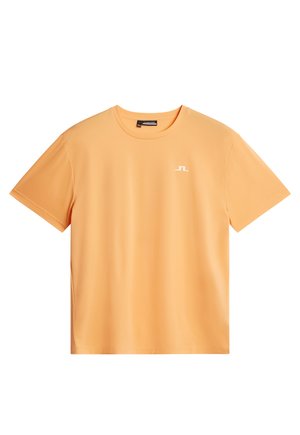 Kortärmad orange t-shirt i slät tyg. Har rund halsringning och en liten vit logotyp på bröstet. Normal passform, minimalistisk design.