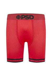 Boxer da uomo rossi realizzati in tessuto testurizzato, con una larga vita elastica decorata con il logo nero "PSD" e un bordo nero a contrasto all'orlo.