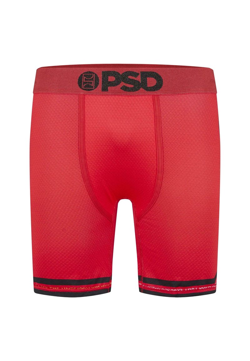 Boxer da uomo rossi realizzati in tessuto testurizzato, con una larga vita elastica decorata con il logo nero "PSD" e un bordo nero a contrasto all'orlo.