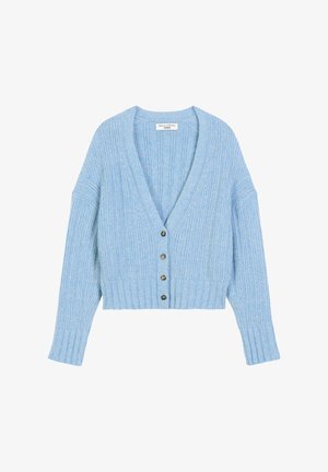 Lichtblauwe cardigan van ribgebreid materiaal, met een diepe V-hals, lange mouwen en vijf knopen aan de voorkant.