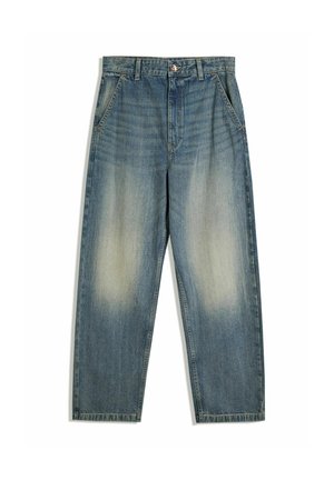 Blue denim jeans with a high waist, side pockets, button closure, and faded areas on the front thighs.