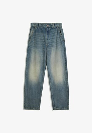 Blue denim jeans with a high waist, side pockets, button closure, and faded areas on the front thighs.