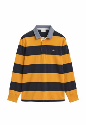 Maglietta da rugby a maniche lunghe con spesse righe orizzontali giallo senape e blu navy, colletto grigio e piccolo logo ricamato sul petto.