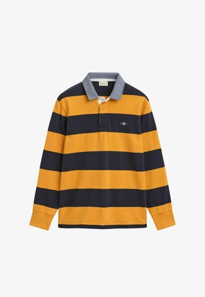 T-shirt de rugby à manches longues avec de larges rayures horizontales jaunes moutarde et bleu marine, col gris et petit logo brodé sur la poitrine.