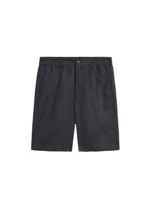 Pantaloni shorts in lino grigio scuro con vestibilità rilassata, vita elasticizzata, chiusura con bottone e tasche laterali. Bordo pulito senza motivi.