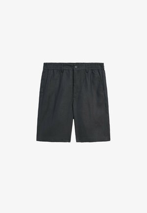 Dark gray linen shorts with a relaxed fit, elasticized waistband, button closure, and side pockets. Clean edges without patterns.