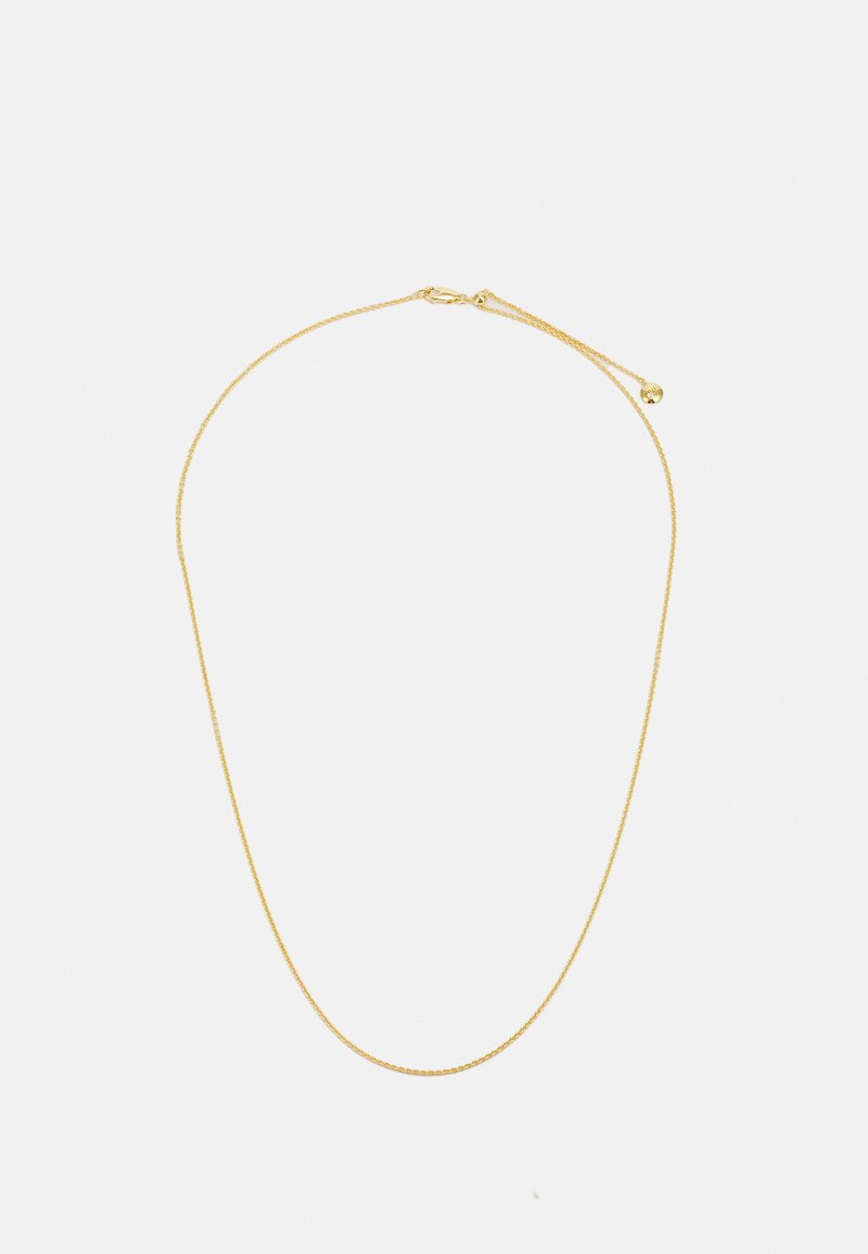 Guldtonad halsband med en tunn, slank kedjedesign och en mjuk textur. Inkluderar en låsning och justerbar längd med en liten pärlaccent.