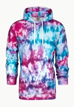 Felpa con cappuccio tie-dye che presenta tonalità vivaci di rosa, viola e blu, con tasca frontale, cappuccio regolabile con lacci, e una texture di tessuto morbido.