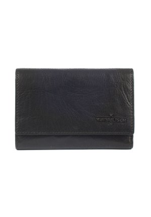 Black leather wallet with a smooth texture, fold-over design, and embossed logo on the front. Compact and rectangular shape.