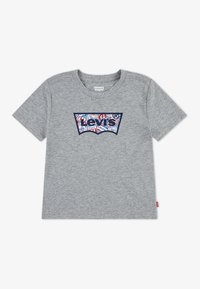 T-shirt en coton gris avec des manches courtes. Présente un graphique coloré du logo Levi's sur le devant en rouge, bleu et blanc. Design classique avec un col rond.