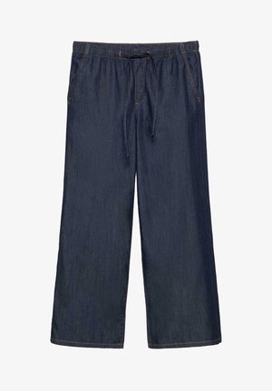 Tummansiniset leveälahkeiset farkut, joissa on joustava vyötärönauha ja kiristysnauha, etutaskut ja kontrastipistely.