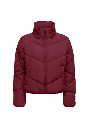 Skrajšana puhasta jakna v globoki burgundski barvi. Ima visok ovratnik, cik-cak šiv in sprednje zadrgo. Gladka, oblazinjena tekstura.