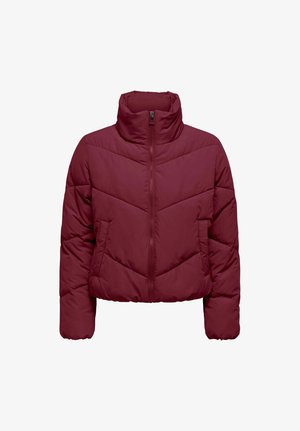 Sumažinta pūkinė striukė giliai burgundiško atspalvio. Savybės: aukštas apykaklė, zigzag siuvinėjimas ir priekyje užtrauktukas. Sklandi, paminkštinta tekstūra.