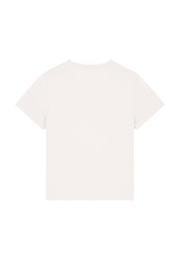 T-shirt blanc à manches courtes en tissu doux, avec un col rond et un dos simple sans ornement, aux bords droits.