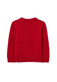 Roter Strickpullover mit langen Ärmeln, Rundhalsausschnitt und gerippten Bündchen und Saum. Glatte Textur, einfarbig ohne Muster oder Verzierungen.