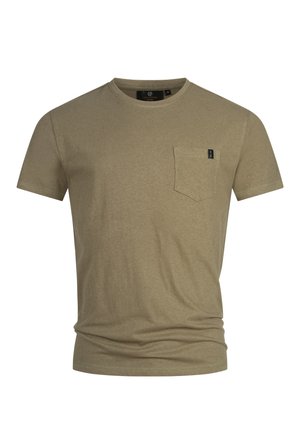 T-shirt en coton vert olive avec un col rond et des manches courtes, présentant une poche sur la poitrine gauche et une texture douce et lisse.