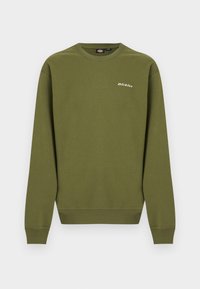 Sweat-shirt vert olive à col rond avec manches longues, poignets et ourlet côtelés, et petit logo blanc "Dickies" sur la poitrine gauche.