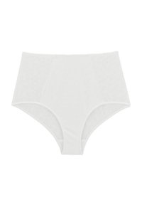 Culottes blancs taille haute avec un motif géométrique texturé. Fabriqués en tissu doux, avec des bords lisses et sans coutures visibles.