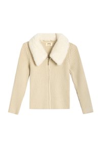 Maglione beige a coste con un morbido colletto in finta pelliccia, maniche lunghe e zip frontale. Progettato per comfort e calore.