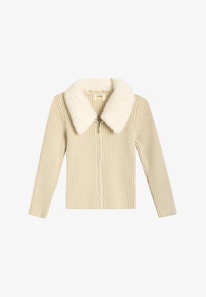 Beige ribbet sweater med en blød faux fur krave, lange ærmer og en frontlynlås. Designet til komfort og varme.
