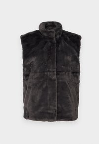 Dark gray faux fur vest with a high collar, sleeveless design, and a soft texture. Features a smooth, seamless appearance.