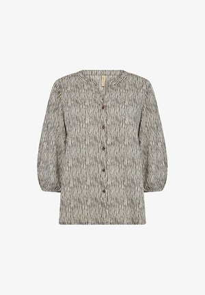 Button-up shirt with a v-neckline, made of lightweight fabric in black and cream vertical stripes, featuring three-quarter puff sleeves.