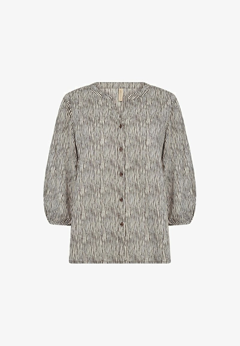 Button-up shirt with a v-neckline, made of lightweight fabric in black and cream vertical stripes, featuring three-quarter puff sleeves.