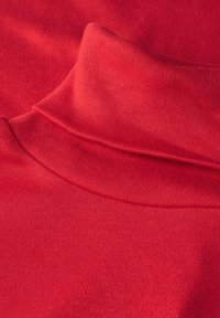 Maglione rosso a collo alto realizzato in un tessuto morbido e texturizzato. Presenta un colletto pieghevole e cuciture lisce, che mettono in risalto linee pulite e un colore vibrante.