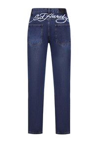 Jeans de mezclilla en azul oscuro con corte recto. Presentan el logo bordado "Ed Hardy" en la cinturilla y dos bolsillos traseros.