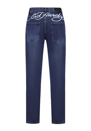 Donkerblauwe spijkerbroek met een rechte snit. Voorzien van geborduurd "Ed Hardy" logo op de tailleband en twee achterzakken.