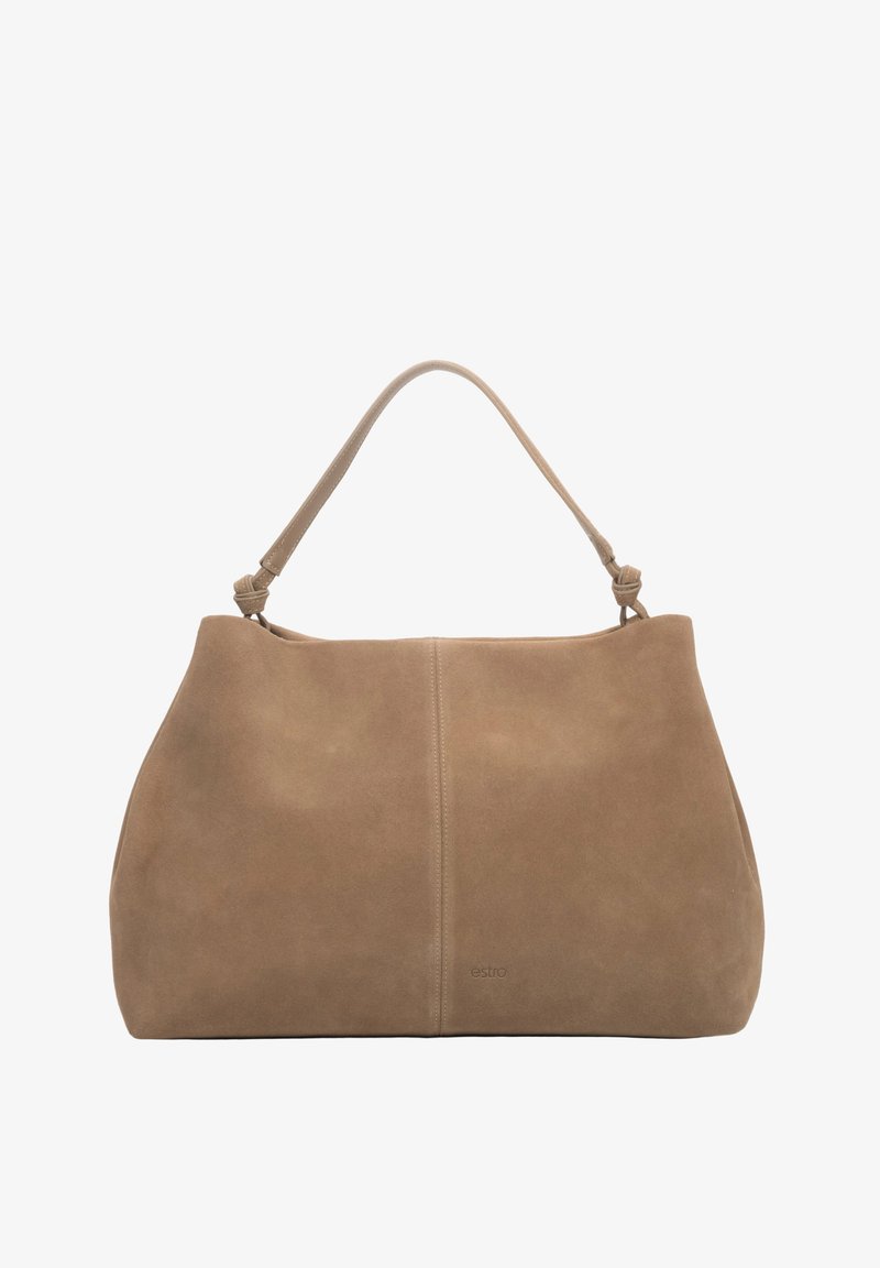 Tan suede handbag with single knotted shoulder strap and subtle center seam, branded "estro" near bottom edge.