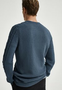 Pull en tricot bleu avec un motif torsadé texturé sur les manches, encolure ronde et ourlet côtelé. Vue de dos montrant la silhouette cintrée.