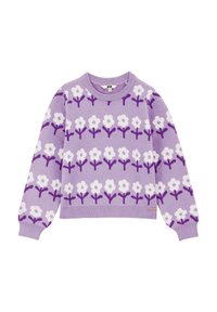 Pulover lila cu model floral în alb și mov. Are guler rotund și mâneci lungi, realizat dintr-un material tricotat.