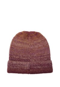 Gorro de punto con vuelta en el dobladillo, que presenta un esquema de color degradado en tonos de rosa, púrpura y marrón con textura acanalada.