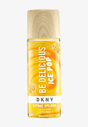 Fragrance mist bottle with wood-textured cap, yellow-orange swirl design, labeled "Be Delicious Ice Pop Citrus Splash" by DKNY, 250 ml.