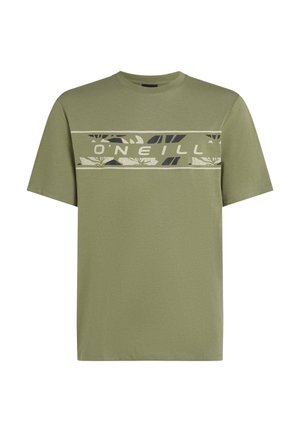 Olivgrön t-shirt i bomull med kort ärm och rund halsringning. Framsidan har en djärv grafik i kontrasterande färger.