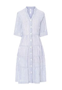 Vestido de botones a rayas en azul claro y blanco, confeccionado en una tela ligera, que cuenta con cuello, mangas cortas y diseño en capas.