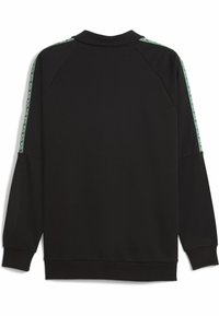 Sort sweatshirt med krave og lange raglanærmer. Har grønne dekorative striber langs skuldrene med geometriske mønstre.