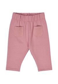 Růžové bavlněné dětské kalhoty s elastickým pasem, které mají dvě žebrované kapsy na zadní straně a pohodlný volný střih.