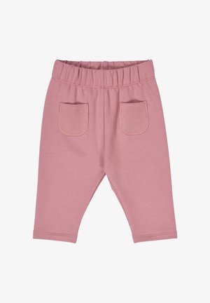 Roze katoenen babybroekjes met een elastische tailleband, voorzien van twee ribbelzakken op de achterkant en een casual snit voor comfort.