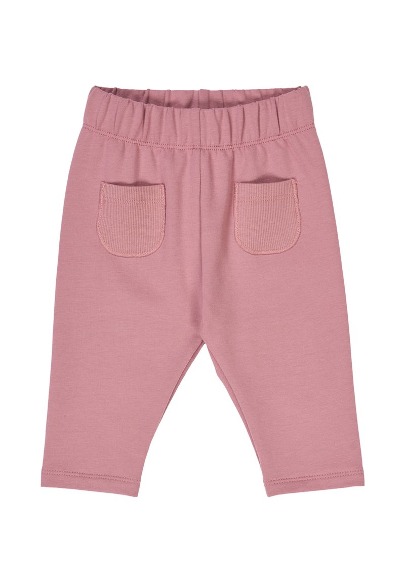 Růžové bavlněné dětské kalhoty s elastickým pasem, které mají dvě žebrované kapsy na zadní straně a pohodlný volný střih.